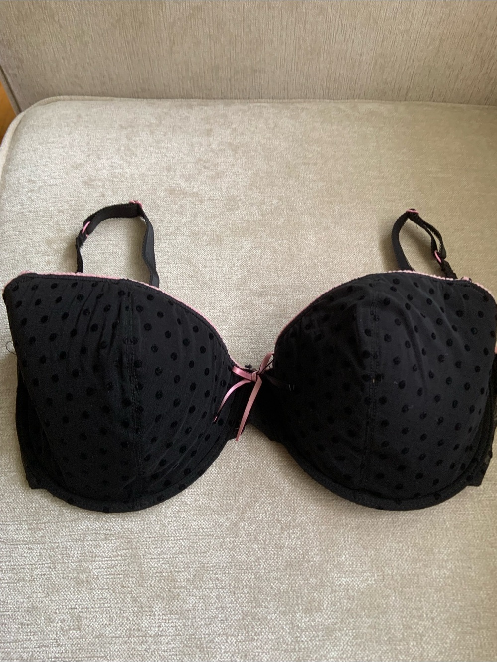 Black Polka Dot Push-Up Bra with Pink Trim and Bow